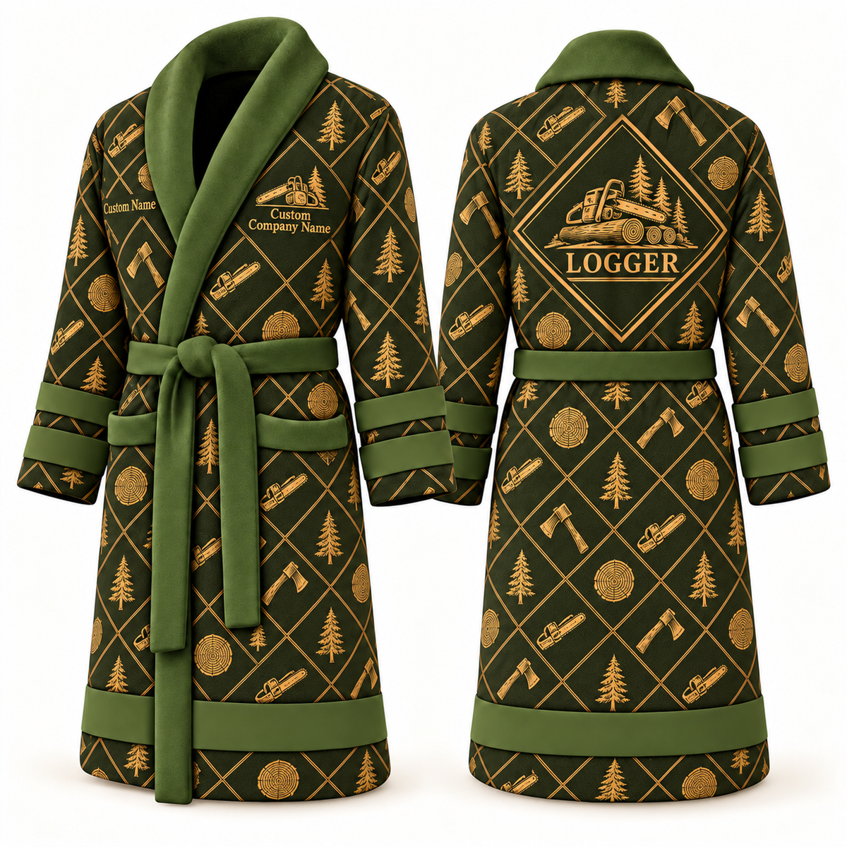 Personalized Logger Bathrobe - Diamond Emblems olive front and back view