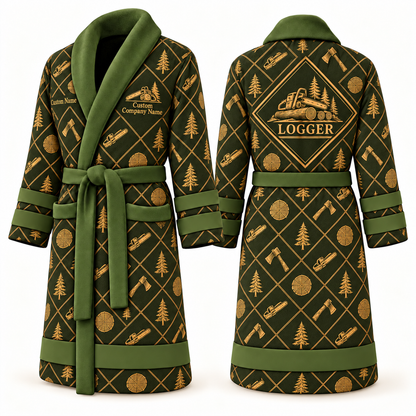 Personalized Logger Bathrobe - Diamond Emblems olive front and back view