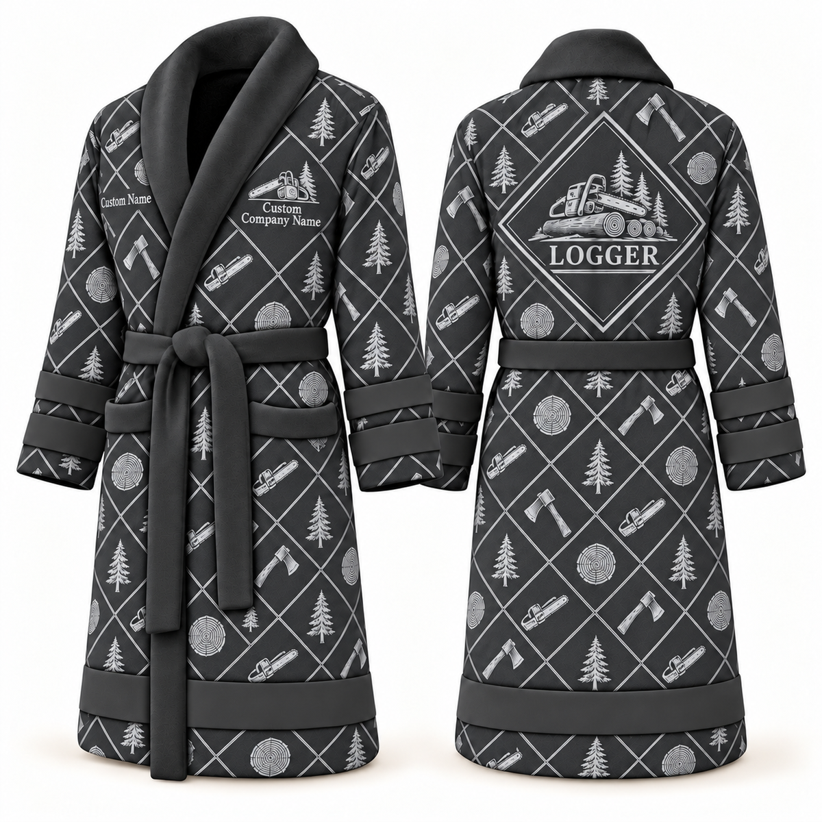 Personalized Logger Bathrobe - Diamond Emblems slate front and back view