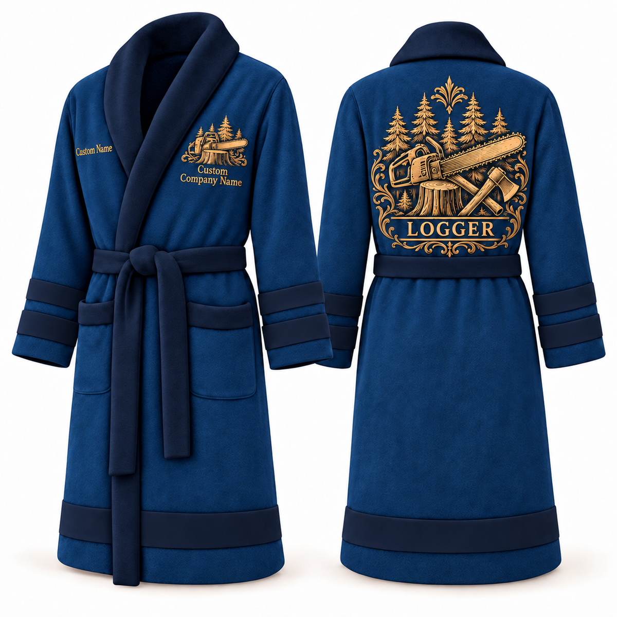 Personalized Logger Bathrobe - Heritage Crest blue front and back view