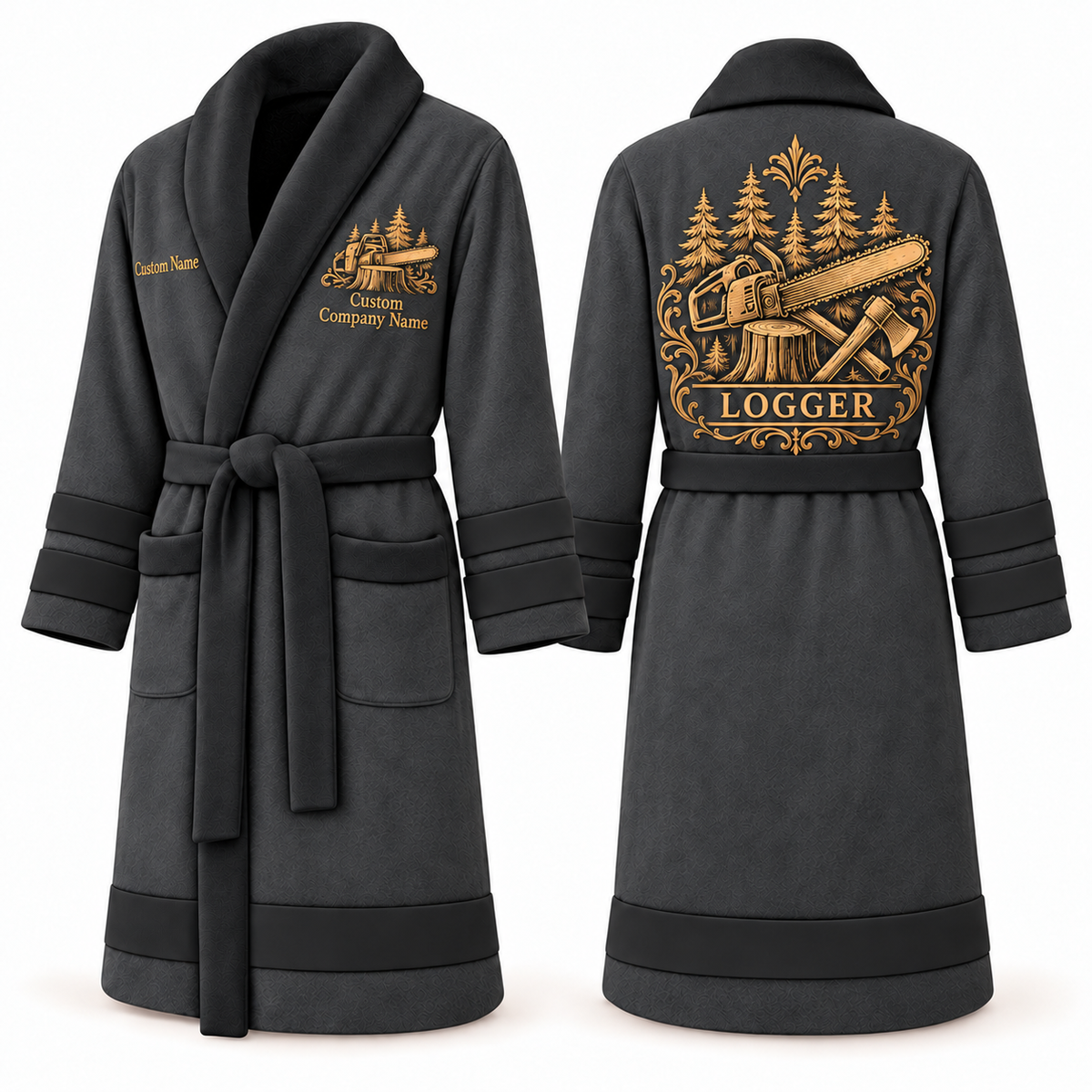 Personalized Logger Bathrobe - Heritage Crest slate front and back view