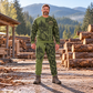 logger occupation-themed sweater and jogger combo on a model with name and company artwork