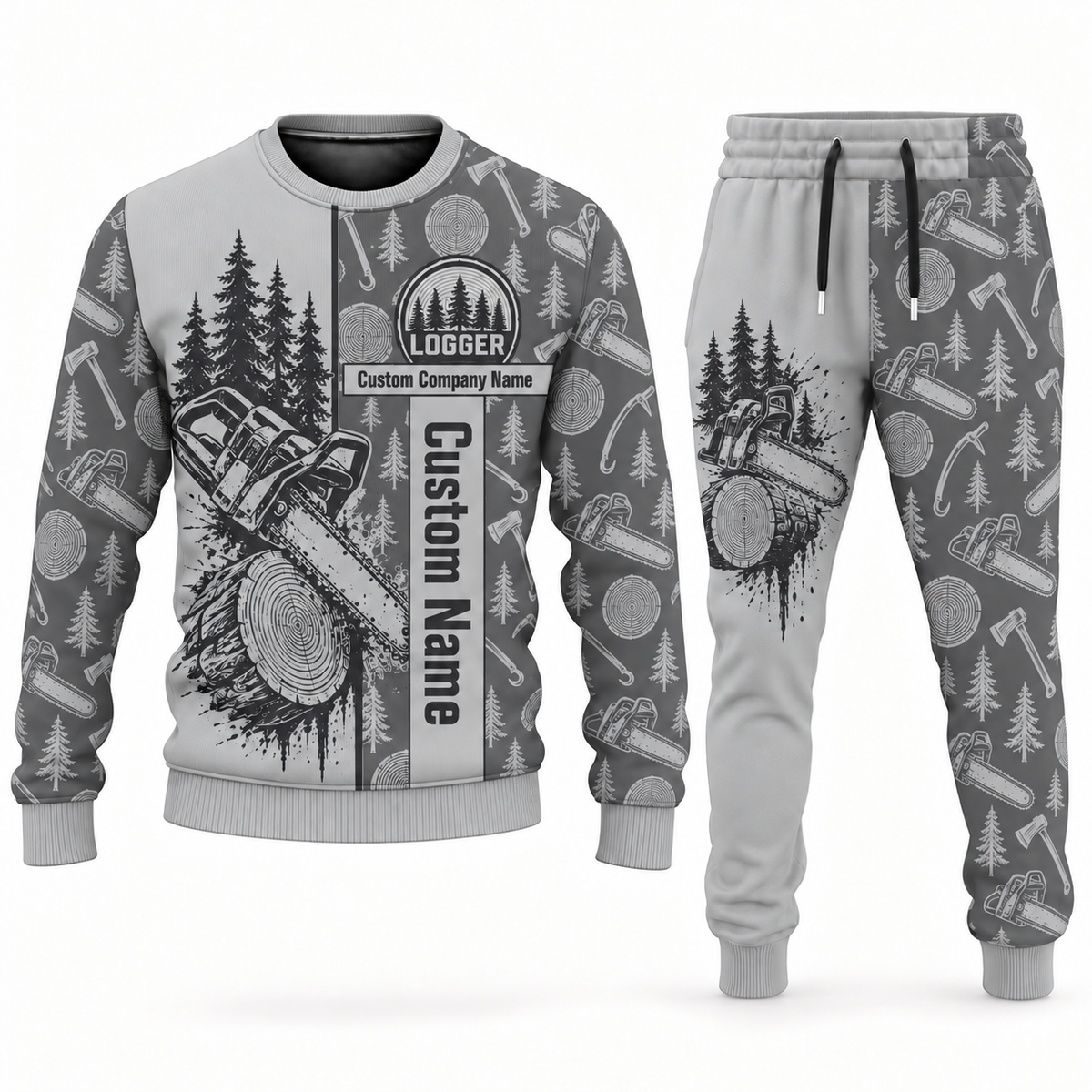logger occupation-themed sweater and jogger combo lightgray color with name and company artwork