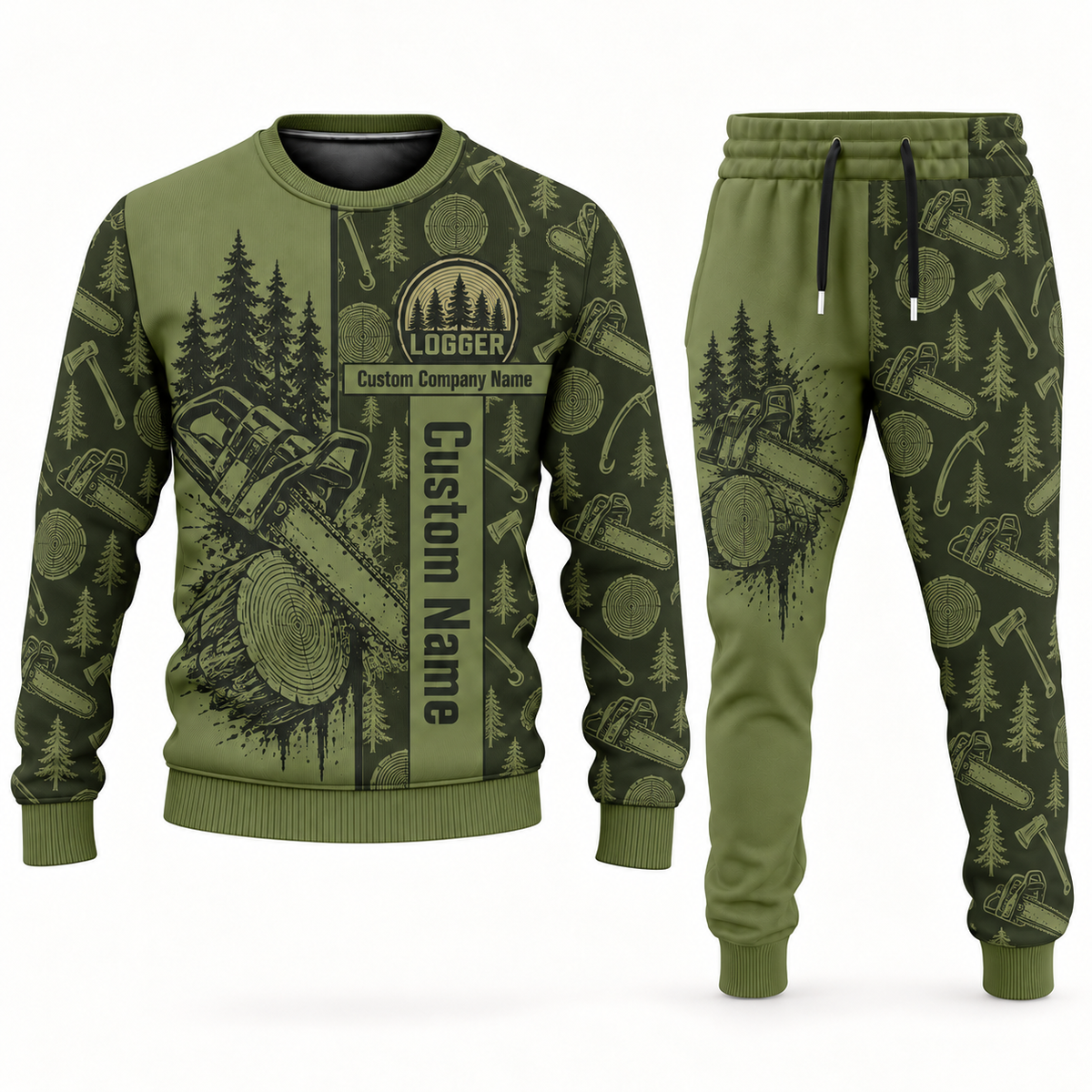 logger occupation-themed sweater and jogger combo olive color with name and company artwork