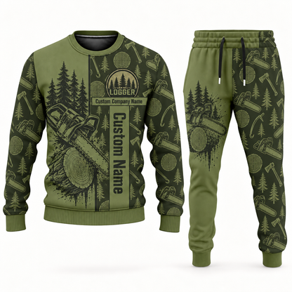 logger occupation-themed sweater and jogger combo olive color with name and company artwork