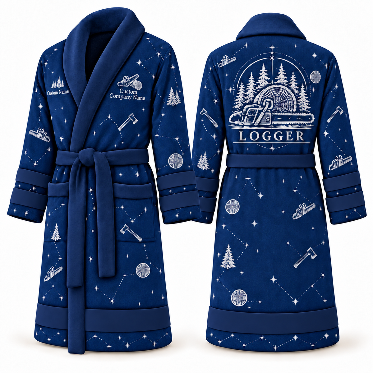 Personalized Logger Bathrobe - Night Shift blue front and back view
