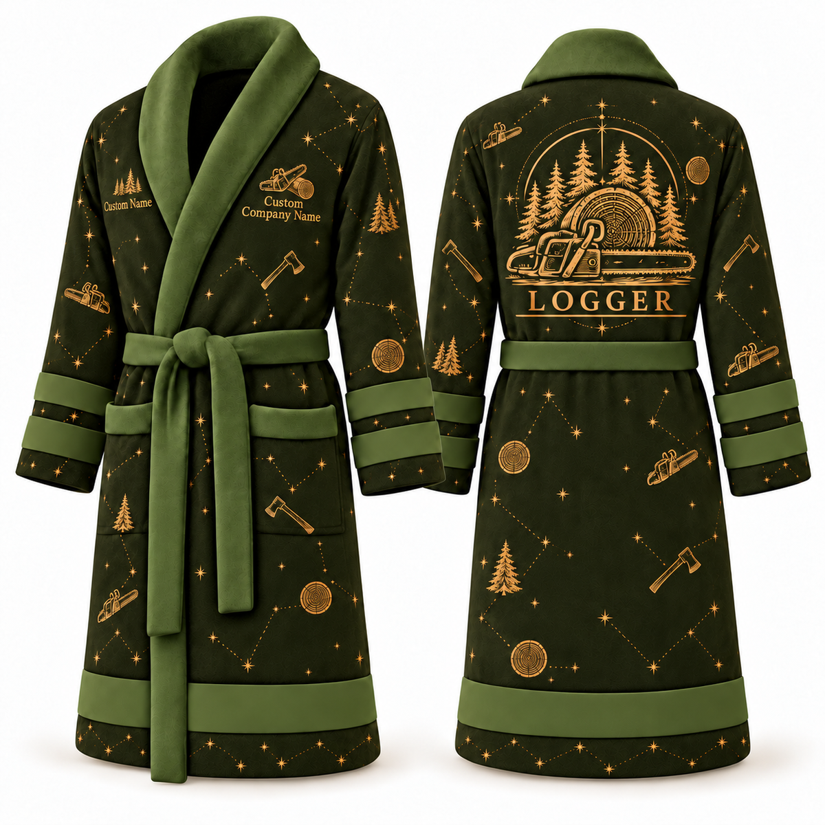 Personalized Logger Bathrobe - Night Shift olive front and back view