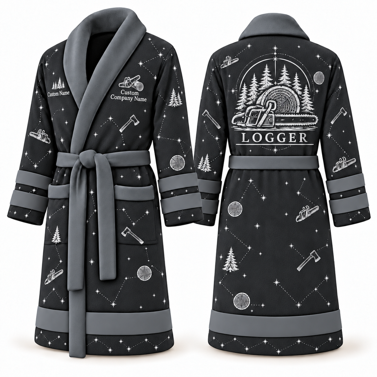 Personalized Logger Bathrobe - Night Shift slate front and back view