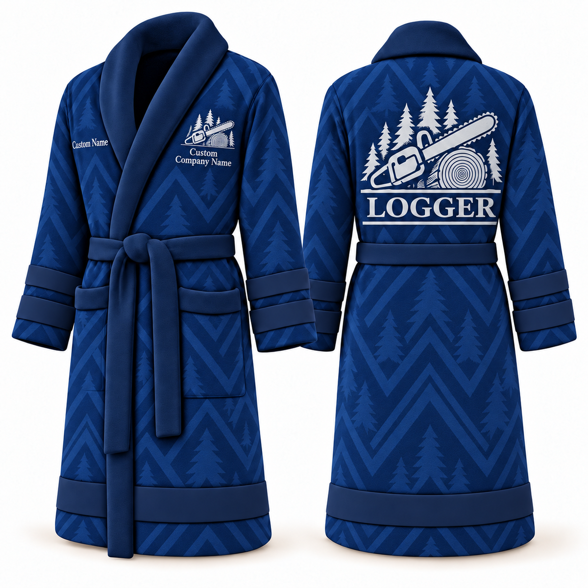 Personalized Logger Bathrobe - Signature Silhouette blue front and back view