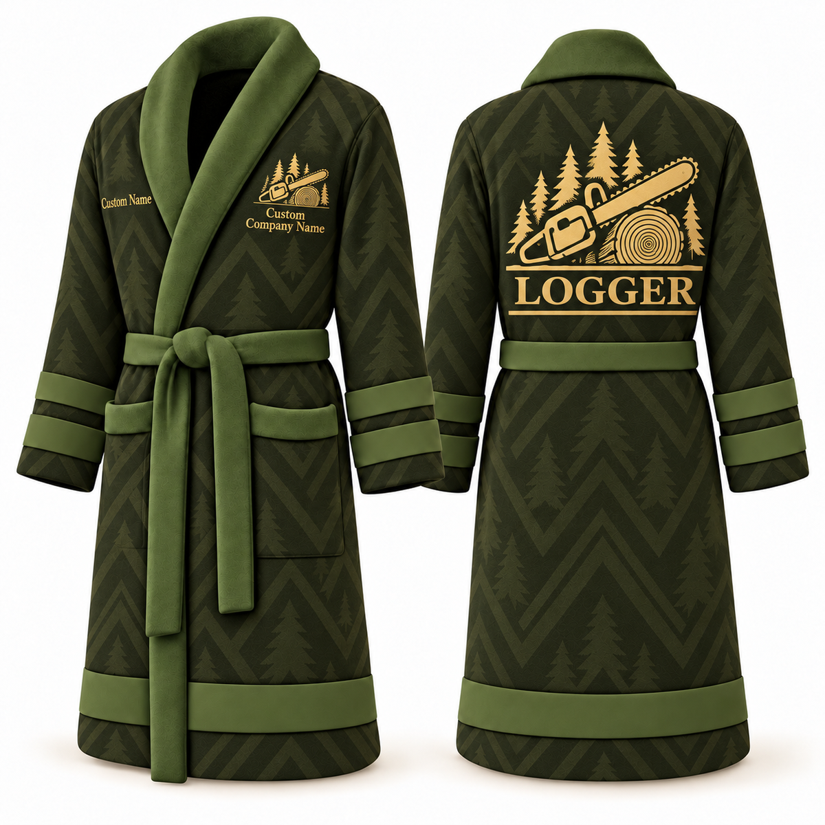 Personalized Logger Bathrobe - Signature Silhouette olive front and back view