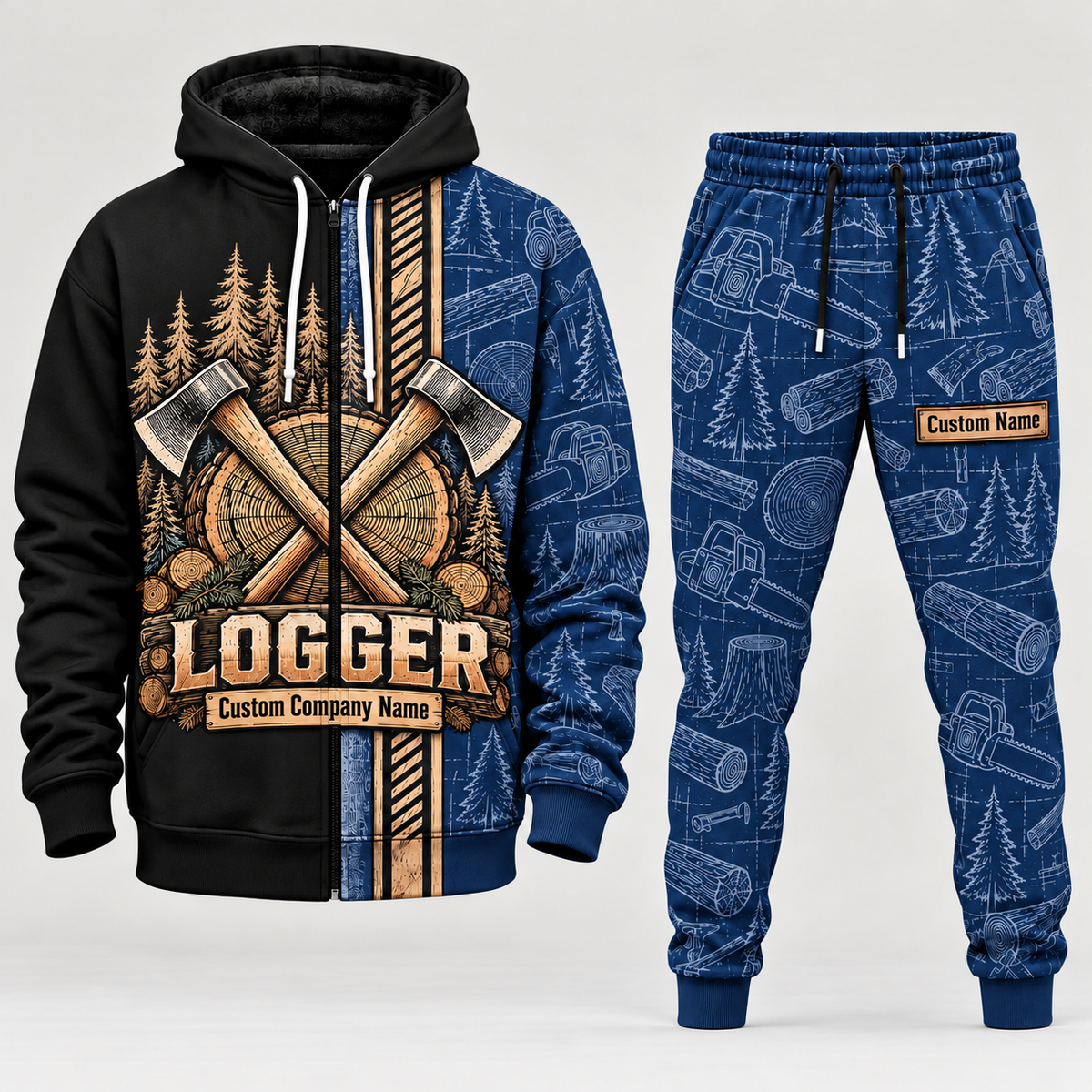 logger full-zip hoodie and matching joggers - navy catalog view
