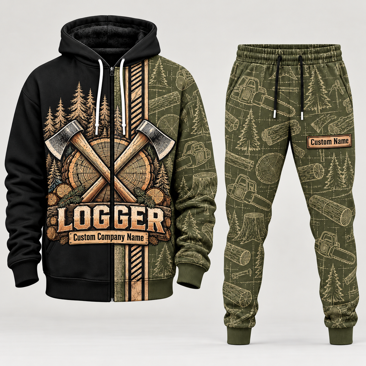 logger full-zip hoodie and matching joggers - olive catalog view
