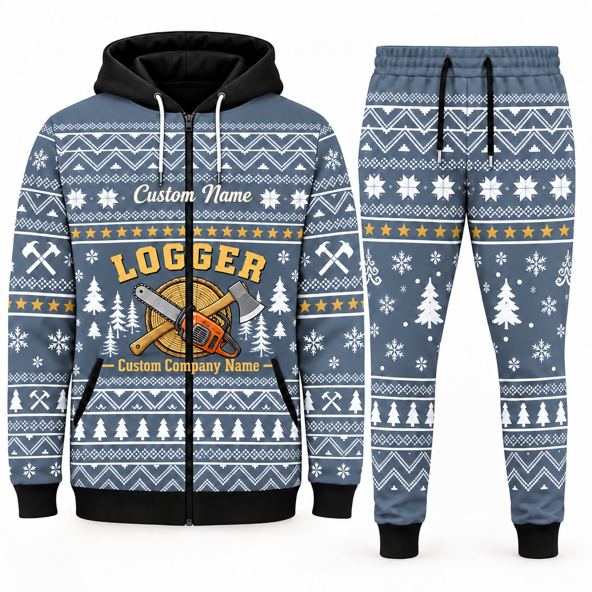 logger blue-gray Winter Snowflake full-zip hoodie and jogger combo with Custom Name and Custom Company Name