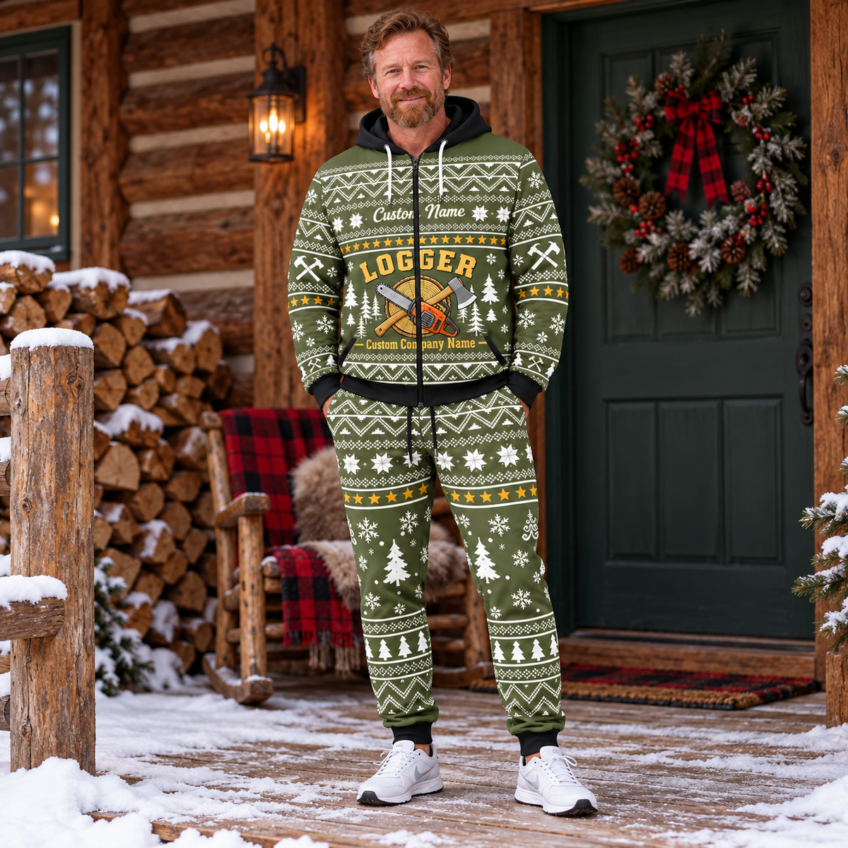 logger hero Winter Snowflake full-zip hoodie and jogger combo with Custom Name and Custom Company Name
