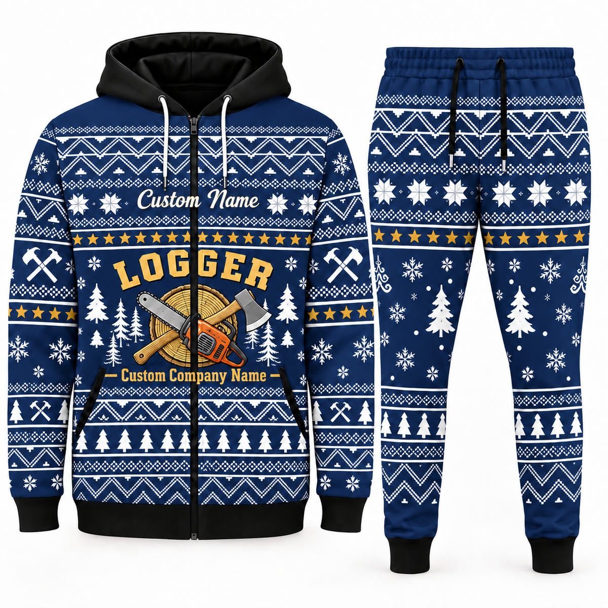 logger navy Winter Snowflake full-zip hoodie and jogger combo with Custom Name and Custom Company Name