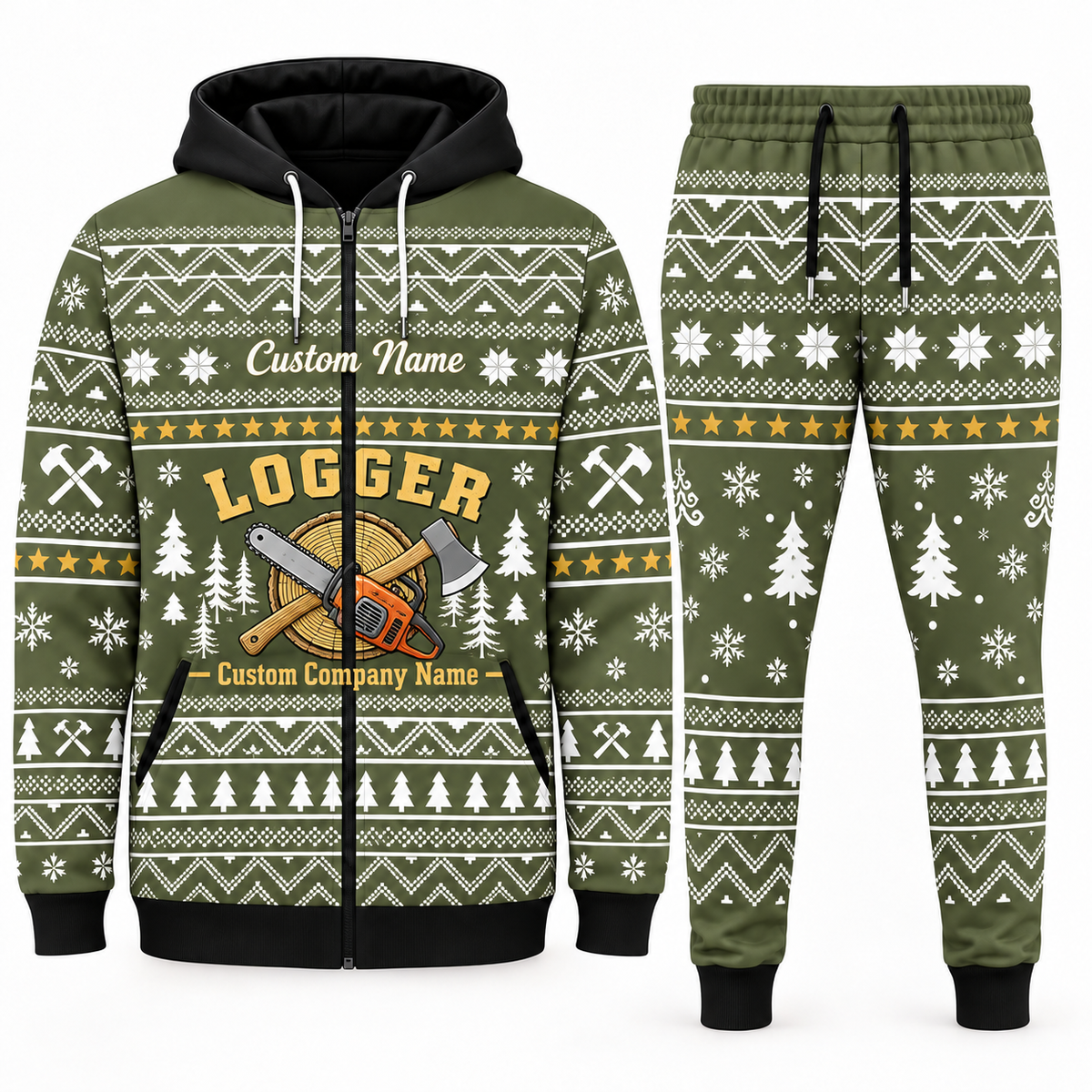 logger olive Winter Snowflake full-zip hoodie and jogger combo with Custom Name and Custom Company Name