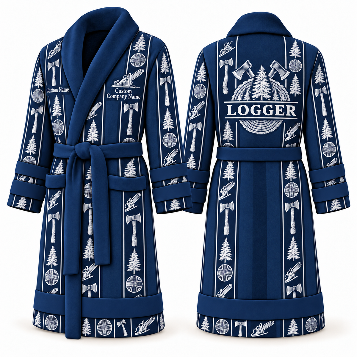 Personalized Logger Bathrobe - Workbench Stripes blue front and back view