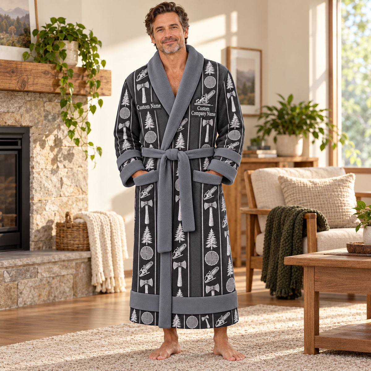 Personalized Logger Bathrobe - Workbench Stripes lifestyle view