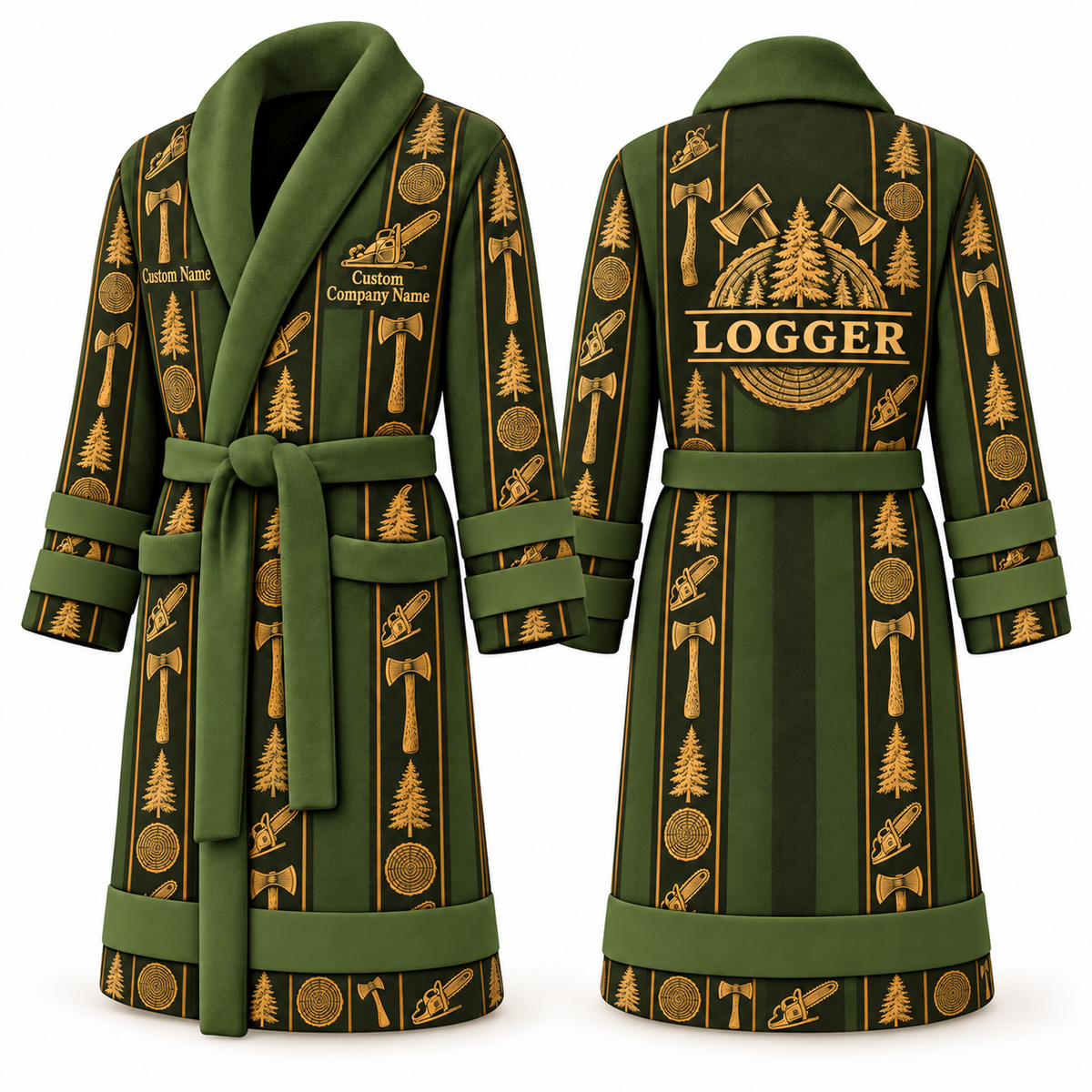 Personalized Logger Bathrobe - Workbench Stripes olive front and back view