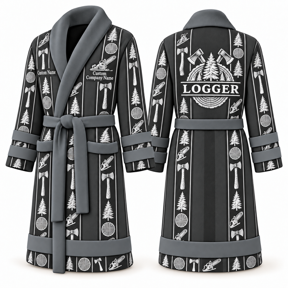 Personalized Logger Bathrobe - Workbench Stripes slate front and back view