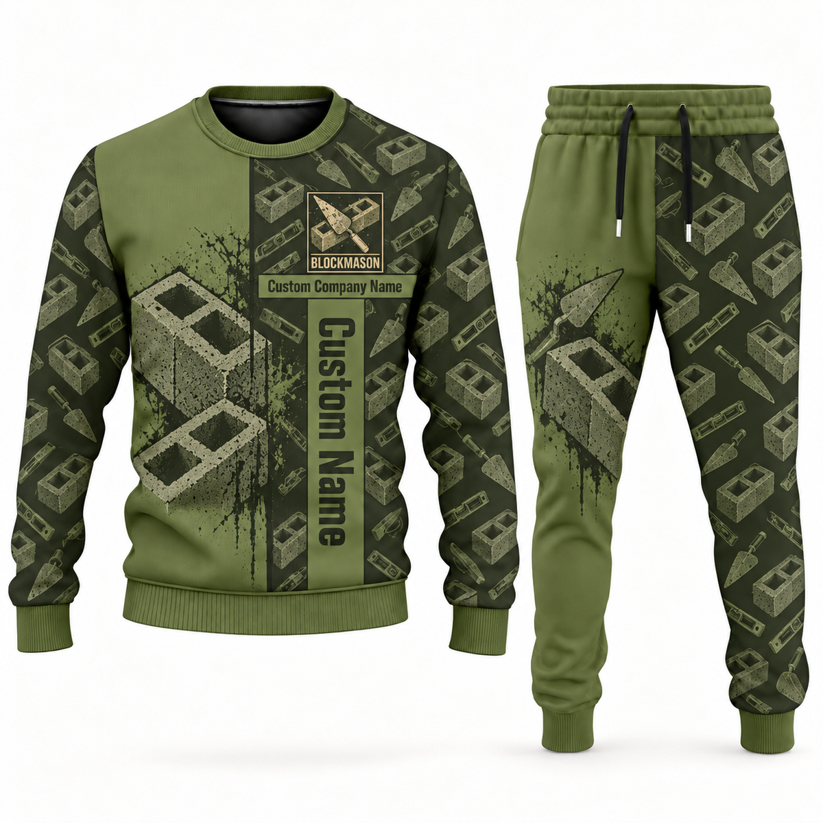Blockmason matching top and jogger combo in Olive with name and company artwork