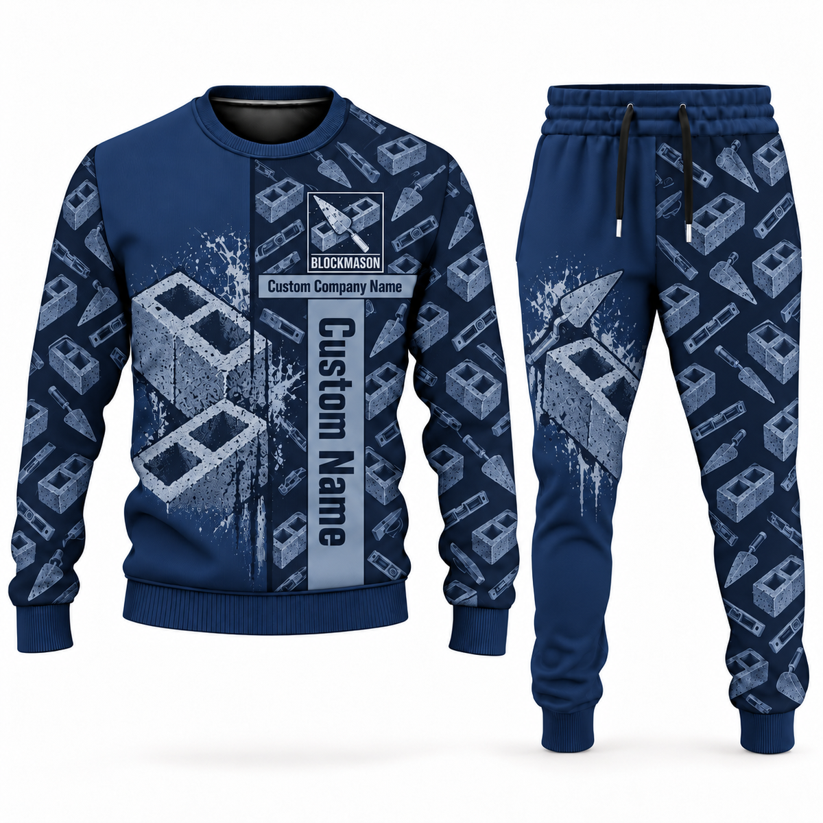Blockmason matching top and jogger combo in Navy with name and company artwork