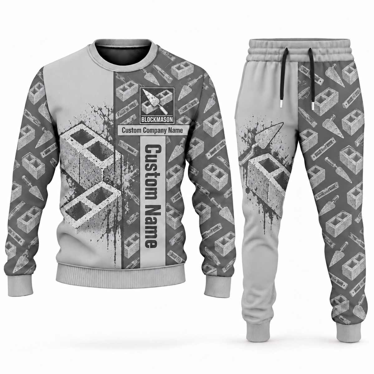 Blockmason matching top and jogger combo in Light Gray with name and company artwork