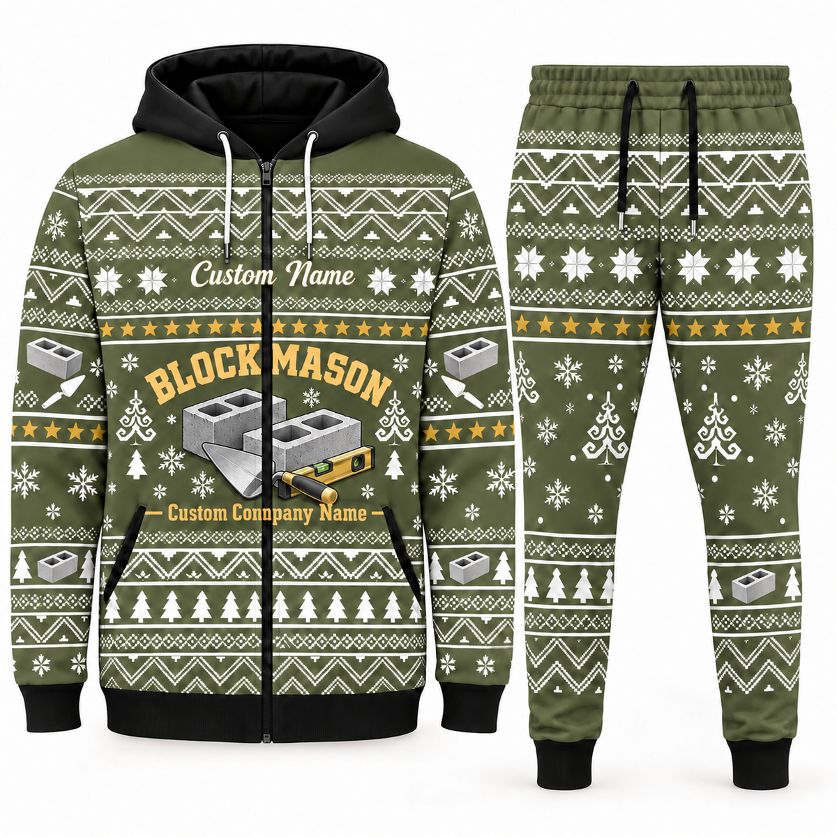 Blockmason matching top and jogger combo in Olive with name and company artwork