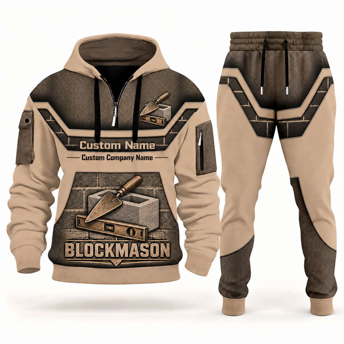 Blockmason matching top and jogger combo in Sand with name and company artwork