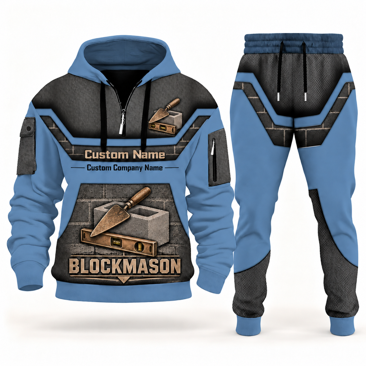 Blockmason matching top and jogger combo in Steel Blue with name and company artwork