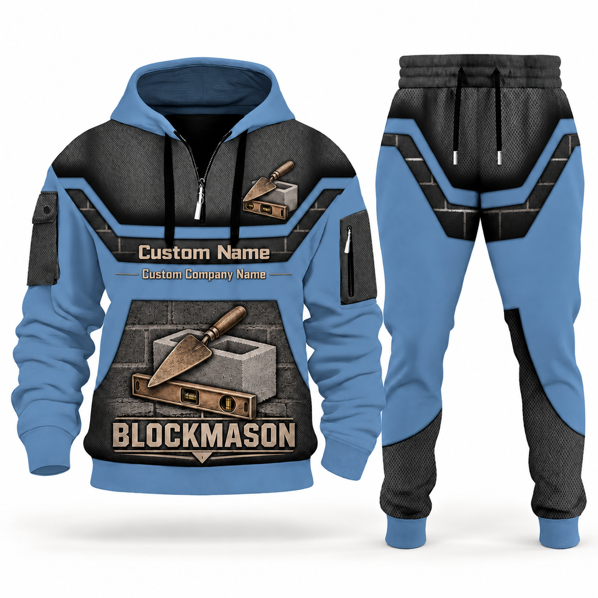 Blockmason matching top and jogger combo in Slate Blue with name and company artwork