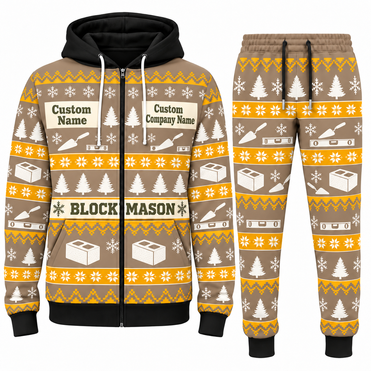Blockmason matching top and jogger combo in Sand with name and company artwork