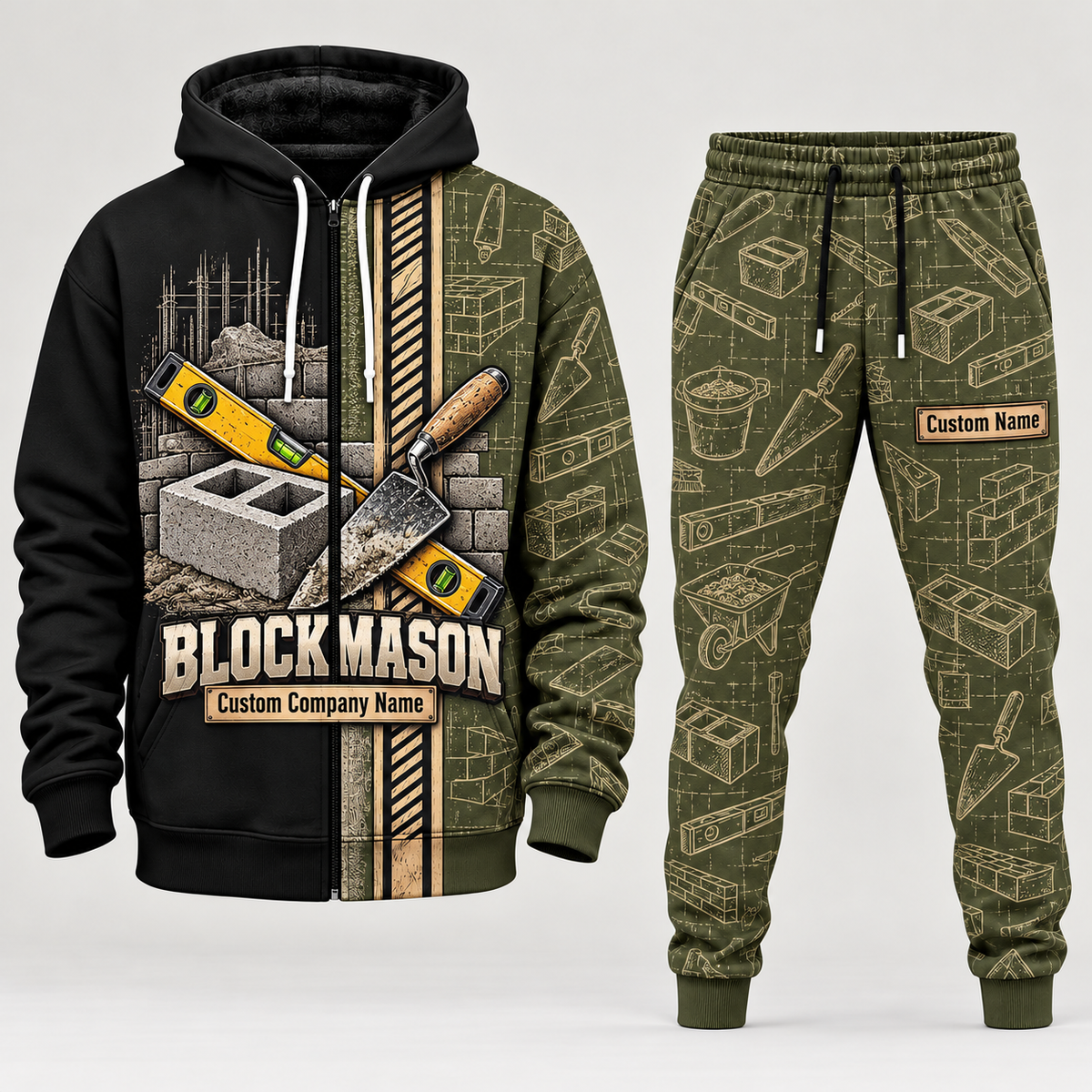 Blockmason matching top and jogger combo in Olive with name and company artwork