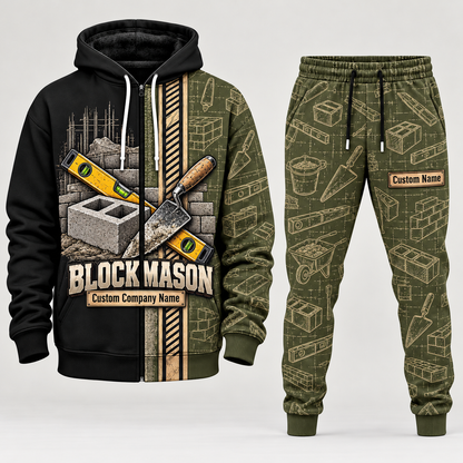 Blockmason matching top and jogger combo in Olive with name and company artwork