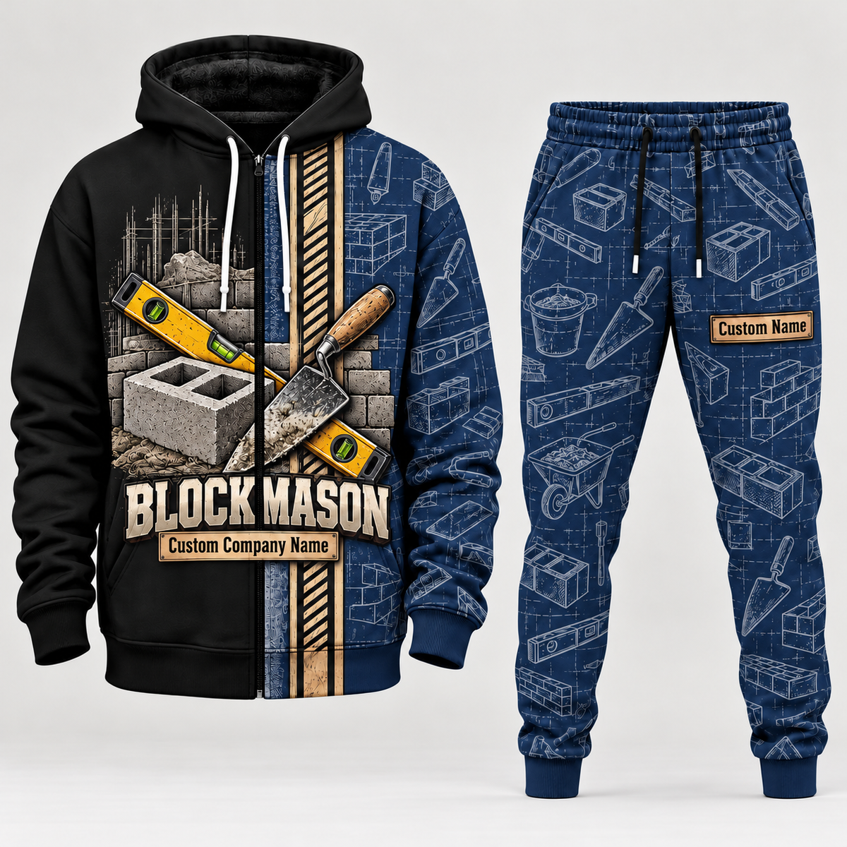 Blockmason matching top and jogger combo in Navy with name and company artwork