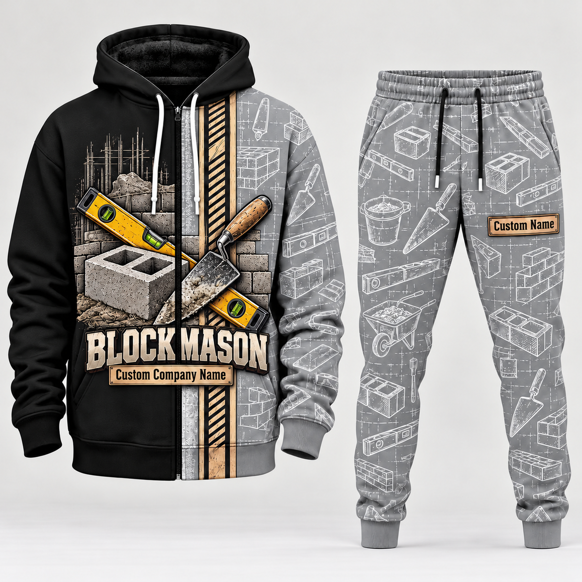 Blockmason matching top and jogger combo in Light Gray with name and company artwork