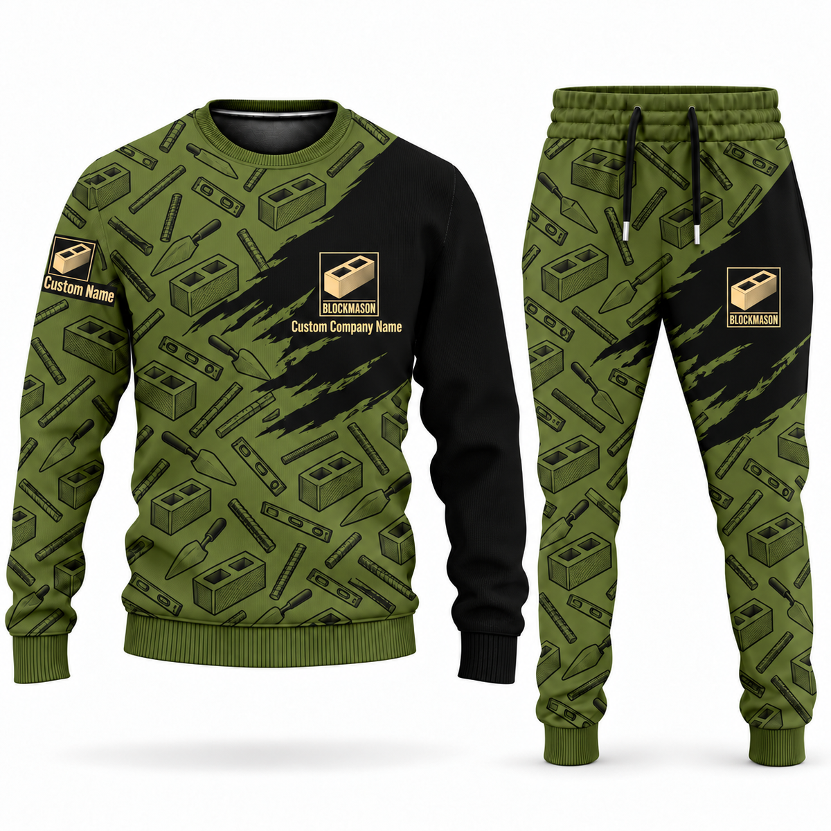 Blockmason matching top and jogger combo in Olive with name and company artwork