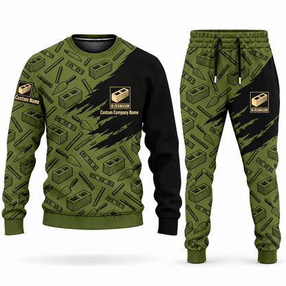 Blockmason matching top and jogger combo in Olive with name and company artwork