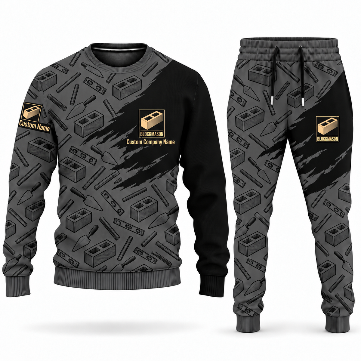 Blockmason matching top and jogger combo in Charcoal with name and company artwork