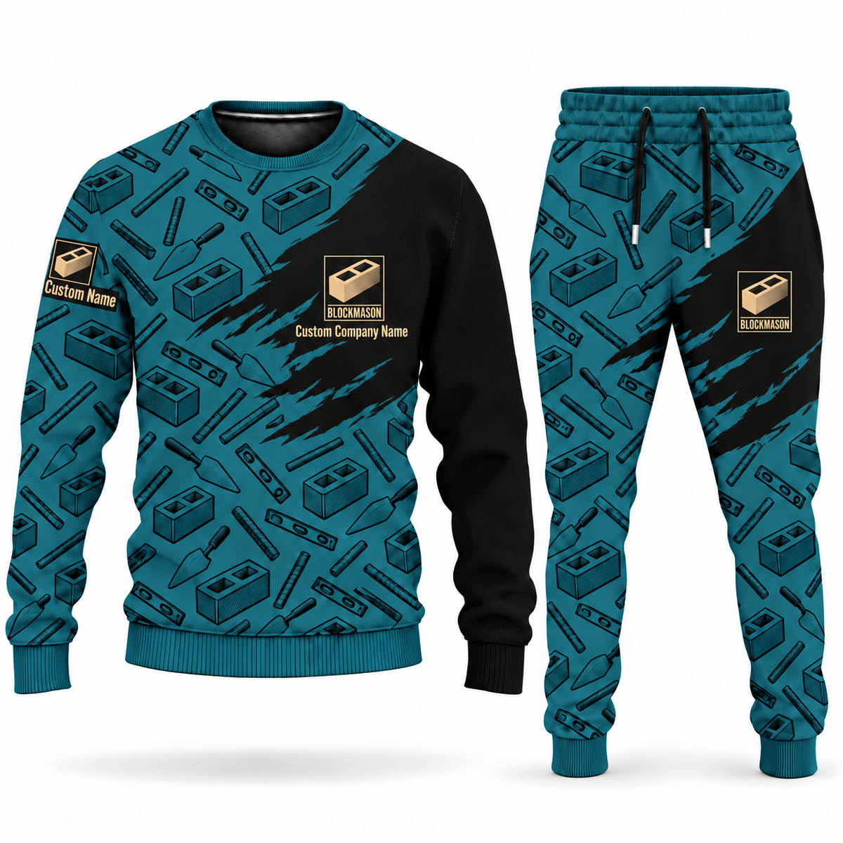 Blockmason matching top and jogger combo in Teal with name and company artwork