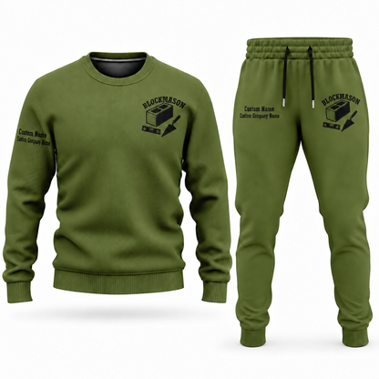 Blockmason matching top and jogger combo in Olive with name and company artwork
