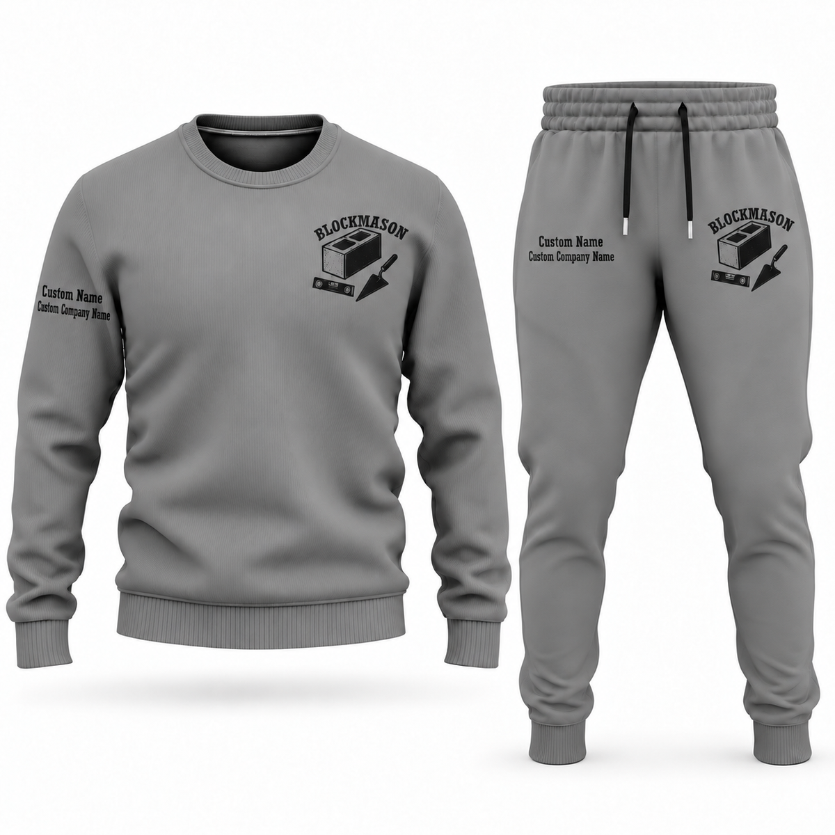 Blockmason matching top and jogger combo in Gray with name and company artwork