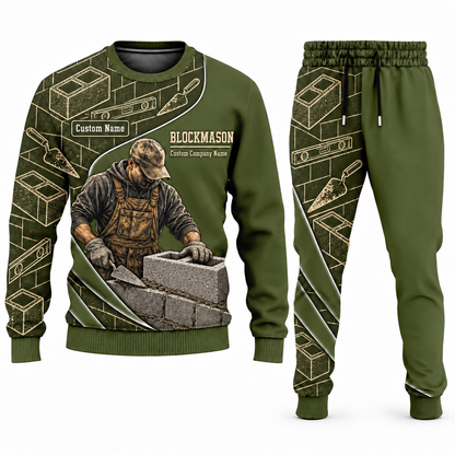 Blockmason matching top and jogger combo in Olive with name and company artwork