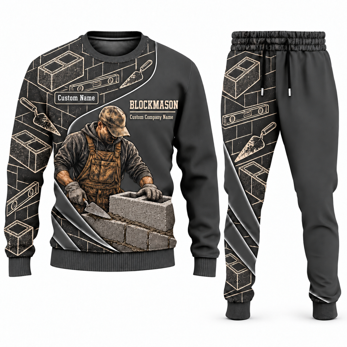 Blockmason matching top and jogger combo in Charcoal with name and company artwork