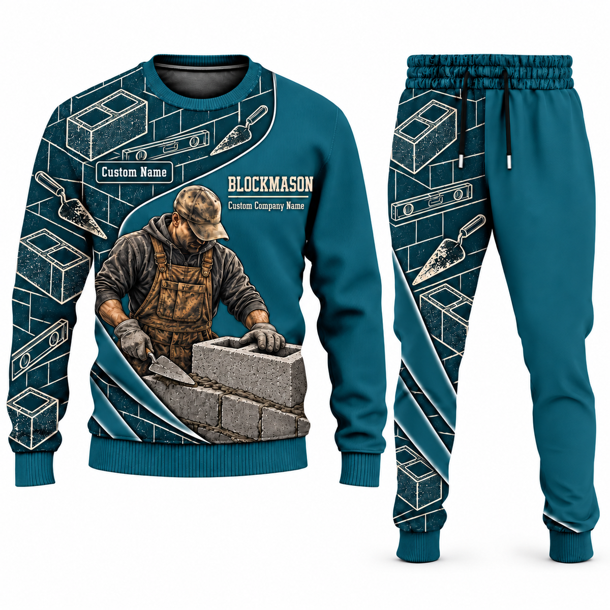 Blockmason matching top and jogger combo in Teal with name and company artwork