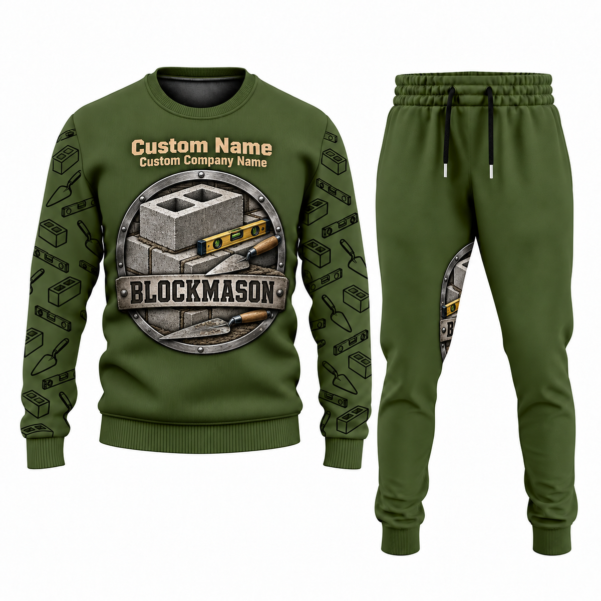 Blockmason matching top and jogger combo in Olive with name and company artwork