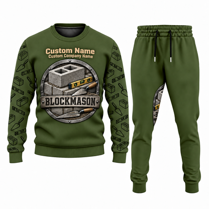 Blockmason matching top and jogger combo in Olive with name and company artwork