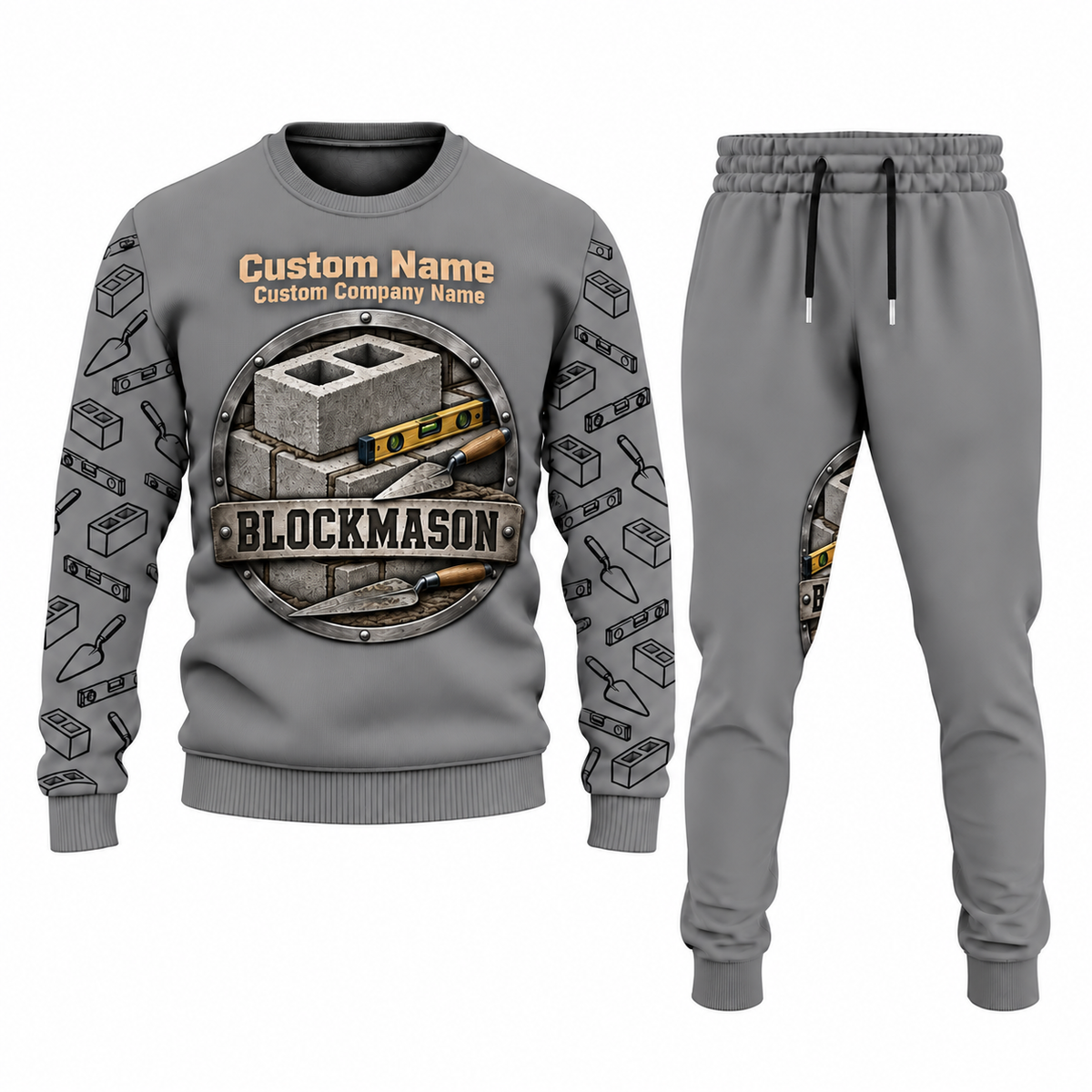 Blockmason matching top and jogger combo in Gray with name and company artwork
