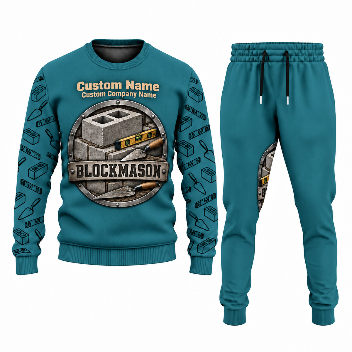 Blockmason matching top and jogger combo in Teal with name and company artwork