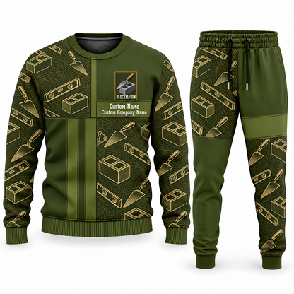 Blockmason matching top and jogger combo in Olive with name and company artwork